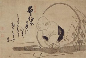 Hotei auf dem Boot - Tuschemalerei von Zenmeister Hakuin
